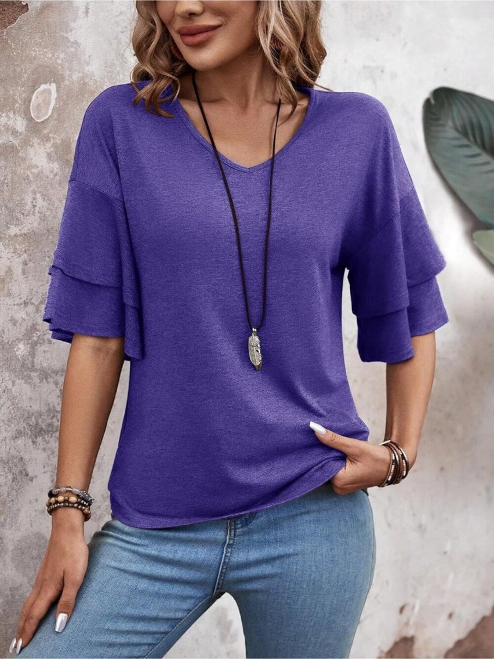 Women's Purple V Neck Blouse Ruffle Bell Sleeve Summer Casual Top Cute Tee - Picture 5 of 6